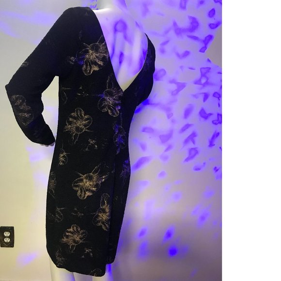 Le Chateau Black Gold Flowers Metallic V-back Evening Cocktail Bodycon Dress NWT - Picture 1 of 5